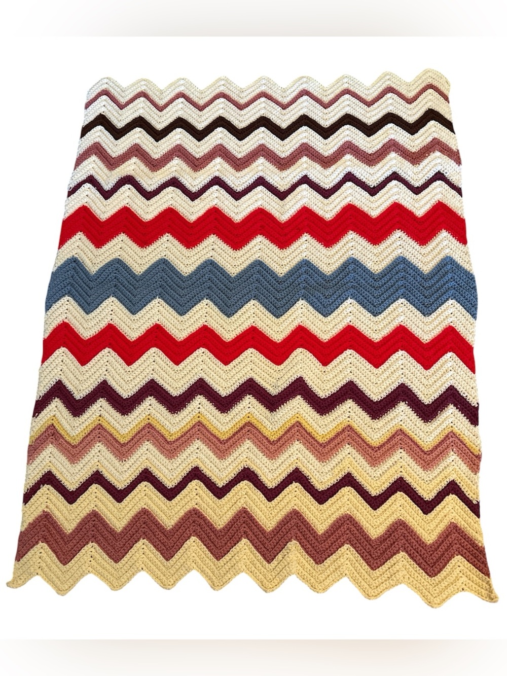 Vintage Handmade Crochet Afghan Throw Chevron Zig Zag Multicolor 52x40